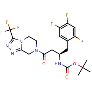 Chemical structure of 7-[3-(R)-tert-butoxycarbonylamino-4-(2,4,5-trifluoro-phenyl)butyryl]-5,6,7,8-tetrahydro-3-(trifluoromethyl)-1,2,4-triazolo[4,3-a]pyrazine , CAS 486460-23-5, AChemBlock X181642