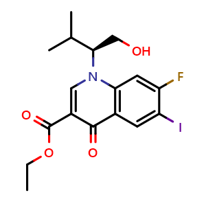 Chemical structure of 7-fluoro-1-(1(S)-hydroxymethyl-2-methylprop-1-yl)-6-iodo-4-oxo-1,4-dihydroquinoline-3-carboxylic acid ethyl ester , CAS 697762-60-0, AChemBlock X181643