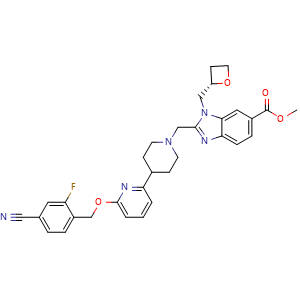 Chemical structure of methyl (S)-2-((4-(6-((4-cyano-2-fluorobenzyl)oxy)pyridin-2-yl)piperidin-1-yl)methyl)-1-(oxetan-2-ylmethyl)-1H-benzo[d]imidazole-6-carboxylate , CAS 2230201-28-0, AChemBlock X181665