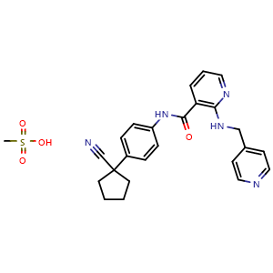 Chemical structure of N-(4-(1-cyanocyclopentyl)phenyl)-2-((pyridin-4-ylmethyl)amino)nicotinamide methanesulfonate , CAS 1218779-75-9, AChemBlock X181670