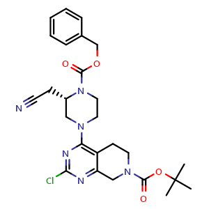 Chemical structure of tert-butyl (S)-4-(4-((benzyloxy)carbonyl)-3-(cyanomethyl)piperazin-1-yl)-2-chloro-5,8-dihydropyrido[3,4-d]pyrimidine-7(6H)-carboxylate , CAS 2158302-03-3, AChemBlock X181680