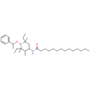 Chemical structure of tetradecanoic acid[2,6-diethyl-2,3,6-trimethyl-1-(1-phenyl-ethoxy)-piperidin-4-yl]-amide , CAS 638-58-4, AChemBlock X181683