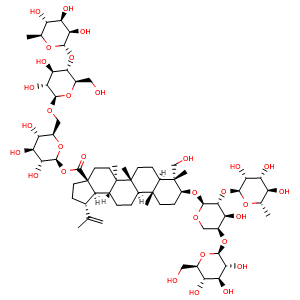 Chemical structure of 3-O-D-glucopyranosyl(1→3)-L-rhamnopyranosyl(1→2)-L-arabinopyranosyl lupinic acid– 28-O-rhamnopyranosyl(1→4)glucopyranosyl(1→6)glucopyranoside , CAS 366814-43-9, AChemBlock X181689