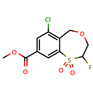 Chemical structure of methyl 6-chloro-2-fluoro-1,1-dioxo-3,5-dihydro-2H-4,1benzoxathiepine-8-carboxylate , CAS 2891599-38-3, AChemBlock X181789