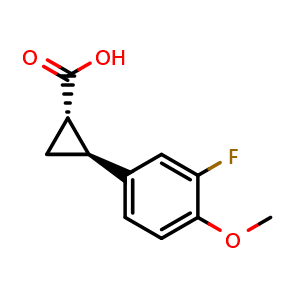 Chemical structure of (1S,2S)-2-(3-fluoro-4-methoxy-phenyl)cyclopropanecarboxylic acid , CAS 1609290-18-7, AChemBlock X181798