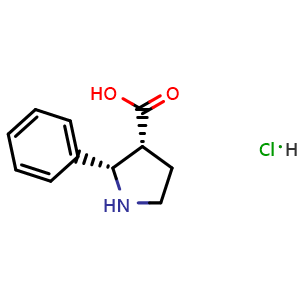 Chemical structure of cis-2-phenylpyrrolidine-3-carboxylic acid hydrochloride , CAS 1187927-05-4, AChemBlock X181810