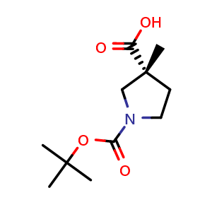 Chemical structure of (3R)-1-tert-butoxycarbonyl-3-methyl-pyrrolidine-3-carboxylic acid , CAS 2198242-27-0, AChemBlock X181827