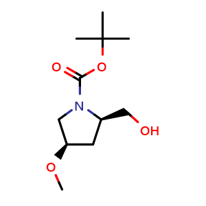 Chemical structure of tert-butyl (2R,4R)-2-(hydroxymethyl)-4-methoxy-pyrrolidine-1-carboxylate , CAS 664364-27-6, AChemBlock X181835