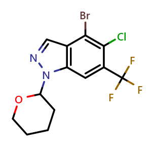 Chemical structure of 4-bromo-5-chloro-1-tetrahydropyran-2-yl-6-(trifluoromethyl)indazole , CAS 2891597-58-1, AChemBlock X181883