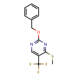 Chemical structure of 2-benzyloxy-4-methylsulfanyl-5-(trifluoromethyl)pyrimidine , CAS 2891598-73-3, AChemBlock X181884