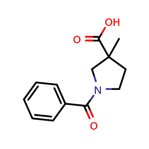 Chemical structure of 1-benzoyl-3-methyl-pyrrolidine-3-carboxylic acid , CAS 1274671-67-8, AChemBlock X181891