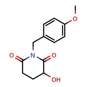 Chemical structure of 3-hydroxy-1-[(4-methoxyphenyl)methyl]piperidine-2,6-dione , CAS 2357109-89-6, AChemBlock X181892