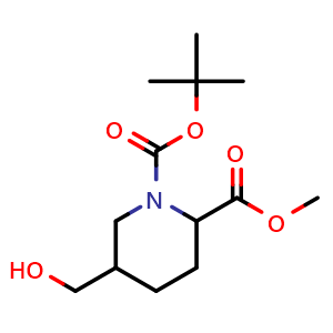 Chemical structure of 1-tert-butyl 2-methyl 5-(hydroxymethyl)piperidine-1,2-dicarboxylate , CAS 2891597-19-4, AChemBlock X181912