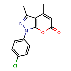 Chemical structure of 1-(4-chlorophenyl)-3,4-dimethylpyrano[2,3-c]pyrazol-6(1H)-one , CAS 74169-54-3, AChemBlock X181926