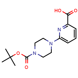 Chemical structure of 6-(4-tert-butoxycarbonylpiperazin-1-yl)pyridine-2-carboxylic acid , CAS 1175689-45-8, AChemBlock X181984