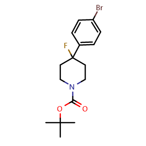 Chemical structure of tert-butyl 4-(4-bromophenyl)-4-fluoro-piperidine-1-carboxylate , CAS 1093064-85-7, AChemBlock X182006