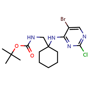 Chemical structure of tert-butyl N-[[1-[(5-bromo-2-chloro-pyrimidin-4-yl)amino]cyclohexyl]methyl]carbamate , CAS 1374635-87-6, AChemBlock X182011