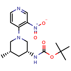 Chemical structure of tert-butyl N-[(3R,5S)-5-methyl-1-(3-nitro-4-pyridyl)-3-piperidyl]carbamate , CAS 1405128-34-8, AChemBlock X182015