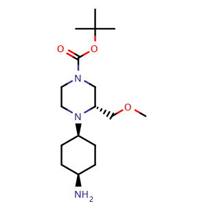 Chemical structure of tert-butyl (3R)-cis-4-(4-aminocyclohexyl)-3-(methoxymethyl)piperazine-1-carboxylate , CAS 2891580-62-2, AChemBlock X182033