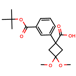 Chemical structure of 1-(3-(tert-butoxycarbonyl)phenyl)-3,3-dimethoxycyclobutanecarboxylic acid , AChemBlock X182038