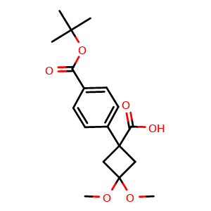 Chemical structure of 1-(4-(tert-butoxycarbonyl)phenyl)-3,3-dimethoxycyclobutanecarboxylic acid , AChemBlock X182039