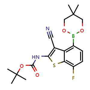 Chemical structure of tert-butyl N-[3-cyano-4-(5,5-dimethyl-1,3,2-dioxaborinan-2-yl)-7-fluoro-benzothiophen-2-yl]carbamate , CAS 2649788-80-5, AChemBlock X182046