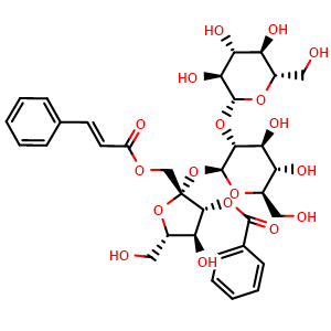 Chemical structure of 2'-cinnamoyl-3'-benzoyl-(2-O-α-glucosyl)-Sucrose , CAS 154287-55-5, AChemBlock X182344