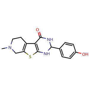 Chemical structure of 2-(4-hydroxyphenyl)-7-methyl-2,3,5,6,7,8-hexahydropyrido[4',3':4,5]thieno[2,3-d]pyrimidin-4(1H)-one , CAS 374908-40-4, AChemBlock X182347