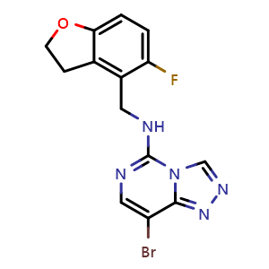 Chemical structure of 8-bromo-N-[(5-fluoro-2,3-dihydrobenzofuran-4-yl)methyl]-[1,2,4]triazolo[4,3-c]pyrimidin-5-amine , CAS 1951411-40-7, AChemBlock X182371