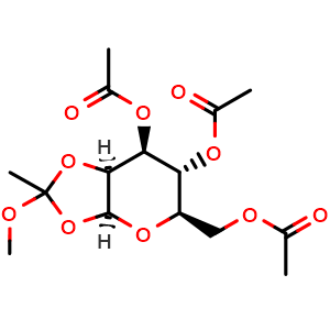 Chemical structure of (3aS,5R,6R,7S,7aS)-5-(acetoxymethyl)-2-methoxy-2-methyltetrahydro-5H-[1,3]dioxolo[4,5-b]pyran-6,7-diyl diacetate , CAS 4435-05-6, AChemBlock X182375