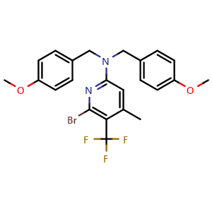 Chemical structure of 6-bromo-N,N-bis[(4-methoxyphenyl)methyl]-4-methyl-5-(trifluoromethyl)pyridin-2-amine , CAS 2411793-14-9, AChemBlock X182392