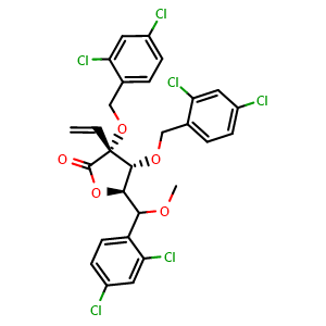 Chemical structure of (3R,4R,5R)-3,4-bis[(2,4-dichlorophenyl)methoxy]-5-[(2,4-dichlorophenyl)methoxymethyl]-3-vinyl-tetrahydrofuran-2-one , CAS 2940860-88-6, AChemBlock X182397