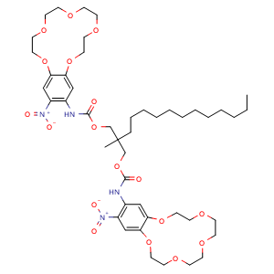 Chemical structure of [2-methyl-2-[(18-nitro-2,5,8,11,14-pentaoxabicyclo[13.4.0]nonadeca-1(15),16,18-trien-17-yl)carbamoyloxymethyl]tetradecyl] N-(18-nitro-2,5,8,11,14-pentaoxabicyclo[13.4.0]nonadeca-1(15),16,18-trien-17-yl)carbamate , CAS 99348-39-7, AChemBlock X182402