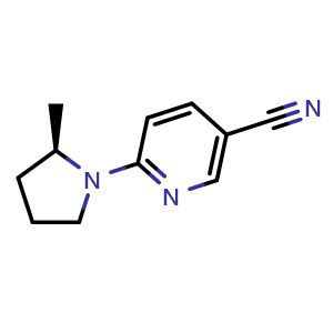 Chemical structure of (R)-6-(2-methylpyrrolidin-1-yl)nicotinonitrile , CAS 3026598-23-9, AChemBlock X182469