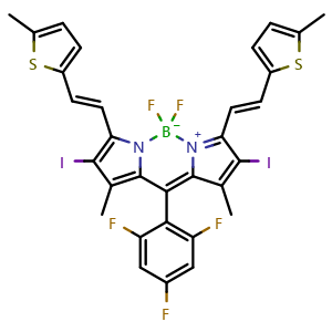 Chemical structure of 5,5-Difluoro-2,8-diiodo-1,9-dimethyl-3,7-bis[(E)-2-(5-methyl-2-thienyl)vinyl]-10-(2,4,6-trifluorophenyl)-5H-dipyrrolo[1,2-c:2',1'-f][1,3,2]diazaborinin-4-ium-5-uide , AChemBlock X182520