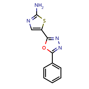 Chemical structure of 5-(5-Phenyl-1,3,4-oxadiazol-2-yl)thiazol-2-amine , CAS 1538150-99-0, AChemBlock X182528