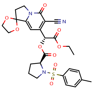 Chemical structure of (R)-(S)-1-(6'-Cyano-5'-oxo-3',5'-dihydro-2'H-spiro[[1,3]dioxolane-2,1'-indolizin]-7'-yl)-2-ethoxy-2-oxoethyl 1-Tosylpyrrolidine-2-carboxylate , CAS 126639-37-0, AChemBlock X182529