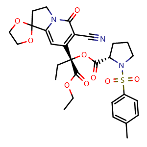 Chemical structure of (R)-(S)-2-(6'-Cyano-5'-oxo-3',5'-dihydro-2'H-spiro[[1,3]dioxolane-2,1'-indolizin]-7'-yl)-1-ethoxy-1-oxo-2-butyl 1-Tosylpyrrolidine-2-carboxylate , CAS 110742-81-9, AChemBlock X182530