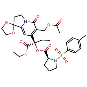 Chemical structure of (R)-(S)-2-[6'-(Acetoxymethyl)-5'-oxo-3',5'-dihydro-2'H-spiro[[1,3]dioxolane-2,1'-indolizin]-7'-yl]-1-ethoxy-1-oxo-2-butyl 1-Tosylpyrrolidine-2-carboxylate , CAS 110714-46-0, AChemBlock X182531