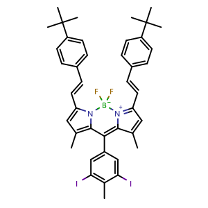 Chemical structure of 3,7-Bis[(E)-4-(tert-butyl)styryl]-10-(3,5-diiodo-4-methylphenyl)-5,5-difluoro-1,9-dimethyl-5H-dipyrrolo[1,2-c:2',1'-f][1,3,2]diazaborinin-4-ium-5-uide , AChemBlock X182544