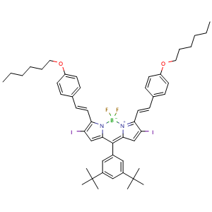 Chemical structure of 10-(3,5-Di-tert-butylphenyl)-5,5-difluoro-3,7-bis[(E)-4-(hexyloxy)styryl]-2,8-diiodo-5H-dipyrrolo[1,2-c:2',1'-f][1,3,2]diazaborinin-4-ium-5-uide , AChemBlock X182549