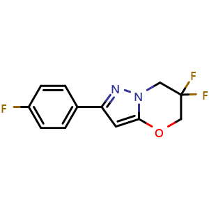 Chemical structure of 6,6-difluoro-2-(4-fluorophenyl)-5,7-dihydropyrazolo[5,1-b][1,3]oxazine , CAS 1429893-49-1, AChemBlock X182630