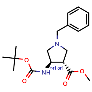 Chemical structure of methyl trans-1-benzyl-4-(tert-butoxycarbonylamino)pyrrolidine-3-carboxylate , CAS 955138-40-6, AChemBlock X182636