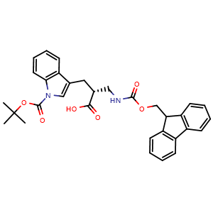 Chemical structure of (2R)-2-[(1-tert-butoxycarbonylindol-3-yl)methyl]-3-(9H-fluoren-9-ylmethoxycarbonylamino)propanoic acid , CAS 468721-48-4, AChemBlock X182647