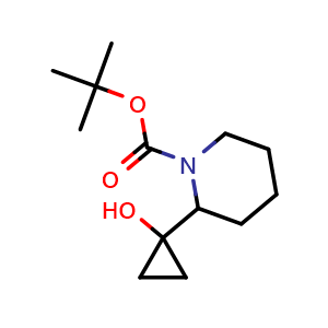 Chemical structure of tert-butyl 2-(1-hydroxycyclopropyl)piperidine-1-carboxylate , CAS 1780256-59-8, AChemBlock X182690
