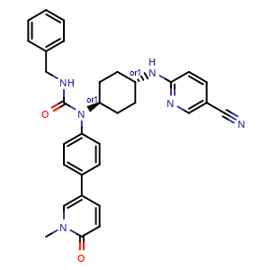 Chemical structure of 3-benzyl-1-[trans-4-[(5-cyano-2-pyridyl)amino]cyclohexyl]-1-[4-(1-methyl-6-oxo-3-pyridyl)phenyl]urea , CAS 2244987-03-7, AChemBlock X182700
