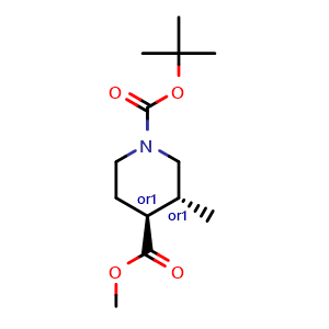 Chemical structure of O1-tert-butyl O4-methyl trans-3-methylpiperidine-1,4-dicarboxylate , CAS 1951439-13-6, AChemBlock X182744