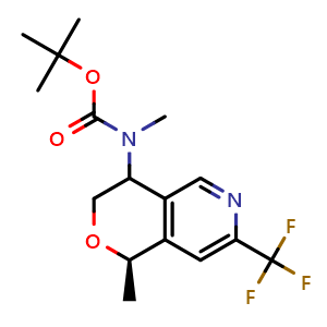 Chemical structure of tert-butyl N-methyl-N-[(1R)-1-methyl-7-(trifluoromethyl)-3,4-dihydro-1H-pyrano[4,3-c]pyridin-4-yl]carbamate , CAS 2940933-51-5, AChemBlock X182758