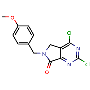 Chemical structure of 2,4-dichloro-6-[(4-methoxyphenyl)methyl]-5H-pyrrolo[3,4-d]pyrimidin-7-one , CAS 2123486-98-4, AChemBlock X183110