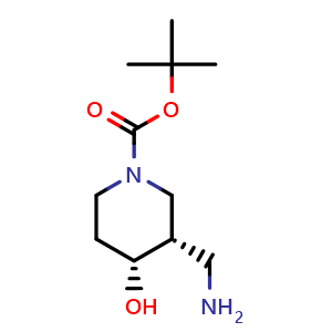 Chemical structure of tert-butyl (3S,4R)-3-(aminomethyl)-4-hydroxy-piperidine-1-carboxylate , CAS 1290191-68-2, AChemBlock X183234